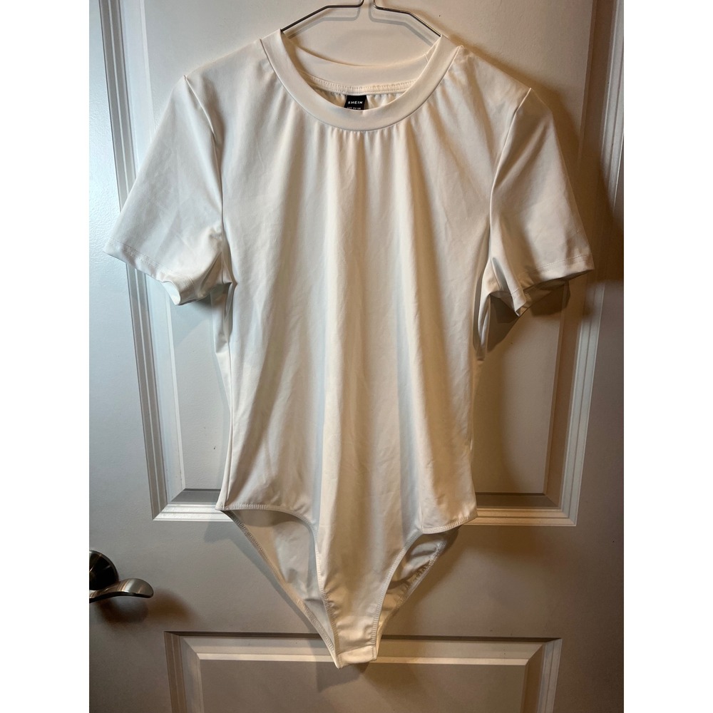 SHEIN Womens Bodysuit Short Sleeve Crew Neck White Large
